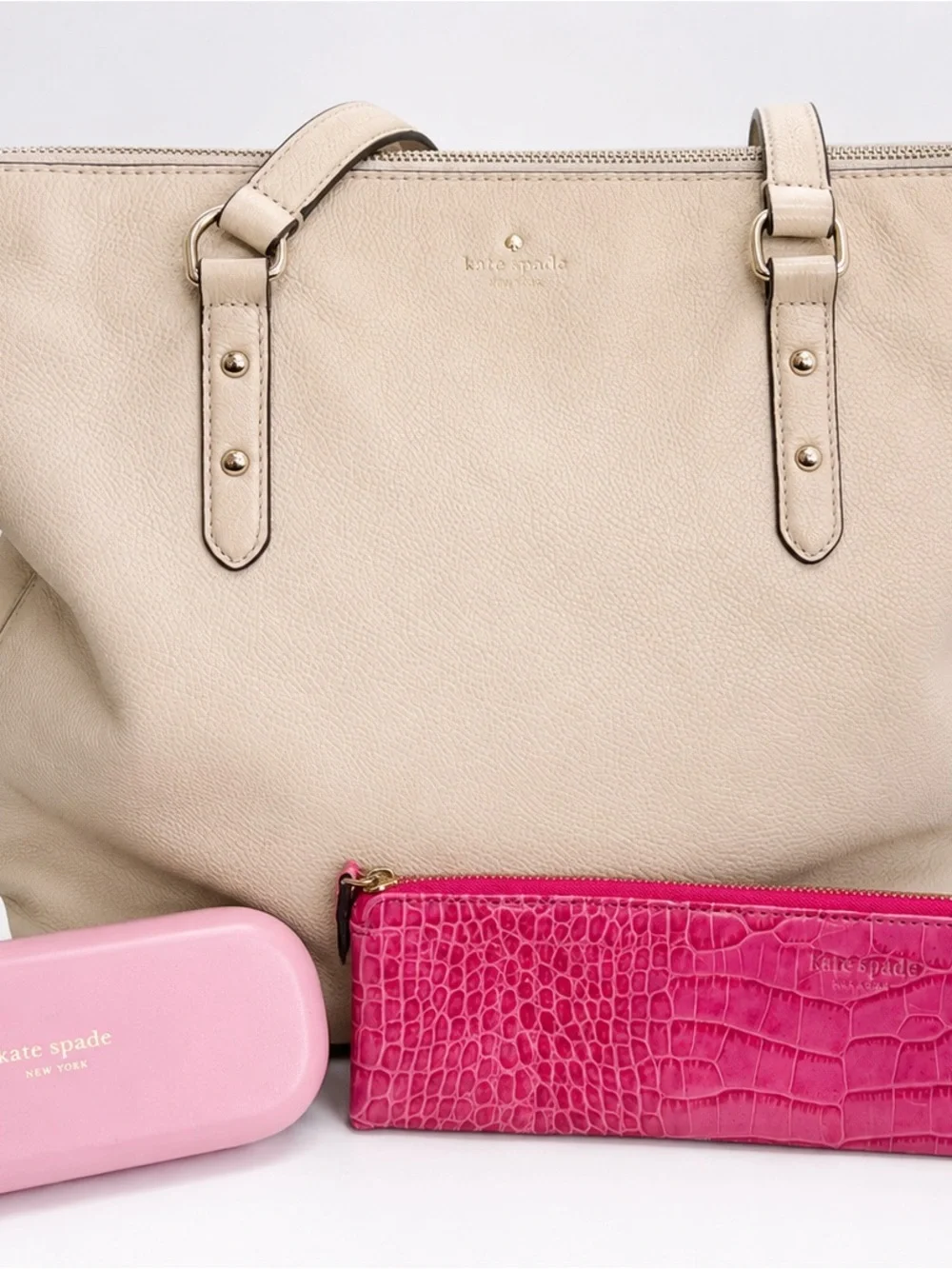 Kate Spade Cream Leather Tote Bag with Pink Accessories